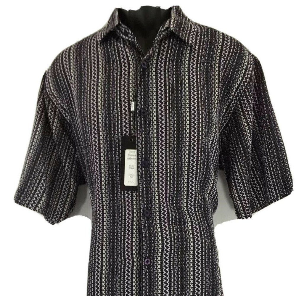 Bassiri Men's Casual Button-Down Shirt Purple Black Gray Short Sleeves Size M
